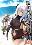  2girls armpit_peek azur_lane bangs baseball_bat beach bird black_swimsuit blunt_bangs breasts clouds cloudy_sky coat cover cover_page cowboy_shot day doujin_cover eyebrows_visible_through_hair flower food fruit full_body fur_trim graf_zeppelin_(azur_lane) hair_between_eyes hat hat_flower large_breasts lefthand long_hair looking_at_viewer midriff multiple_girls navel navel_cutout ocean off_shoulder one-piece_swimsuit one_eye_closed open_mouth orange_eyes red_eyes silver_hair sky small_breasts standing straw_hat swimsuit watermelon z46_(azur_lane) 