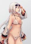  1girl adjusting_eyewear azur_lane bikini blue_eyes breasts can cleavage coat collarbone cowboy_shot earrings eyewear_on_head german_flag grey_background highres jewelry looking_at_viewer medium_breasts midriff navel off_shoulder short_hair silver_hair simple_background smile soda_can solo standing sunglasses swimsuit tirpitz_(azur_lane) tsyn white_bikini 