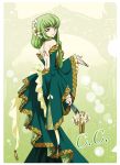  1girl backless_dress backless_outfit c.c. code_geass dress green_dress green_hair hair_ornament long_hair official_art simple_background smile solo yellow_eyes 