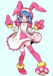  1girl :d animal_costume animal_hood blue_background blue_hair bunny_costume bunny_hood chino_machiko copyright_request dress full_body gloves hood hood_up looking_at_viewer open_mouth paw_gloves paws pink_legwear simple_background smile solo standing thigh-highs violet_eyes white_dress 