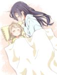  2girls age_difference blanket blue_hair closed_eyes cora_stt grey_hair long_hair love_live! love_live!_school_idol_project lying minami_kotori multiple_girls pillow protected_link sleeping sonoda_umi yellow_eyes younger zzz 