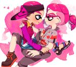  2boys blue_eyes blush brown_eyes collared_shirt glasses inkling jacket looking_at_another male_focus multiple_boys myumyu._baton-nashi on_lap pink_hair shirt sitting sitting_on_lap sitting_on_person splatoon_(series) straddling visor_cap yaoi 