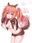  1girl :d animal_ear_fluff animal_ears bangs blush breasts brown_eyes brown_hair brown_hairband brown_skirt cannian_dada commentary_request dog_ears dog_girl dog_tail eyebrows_visible_through_hair fake_animal_ears fang gloves hair_between_eyes hairband hands_up highres inaba_meguru long_hair looking_at_viewer miniskirt navel open_mouth paw_gloves paws sanoba_witch shadow sidelocks skirt small_breasts smile solo tail twintails very_long_hair white_background 