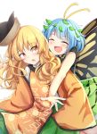  2girls :d :o antennae bare_arms behind_another bending_forward blonde_hair blue_hair blush butterfly_wings chinese_commentary closed_eyes commentary_request constellation_print cowboy_shot eternity_larva green_skirt hat_loss highres imminent_hug leaf leaf_on_head long_hair long_sleeves looking_at_another looking_back matara_okina multiple_girls open_mouth orange_eyes outstretched_arms pleated_skirt short_hair simple_background skirt sleeves_past_fingers sleeves_past_wrists smile tabard touhou white_background wide_sleeves wings yu_cha 