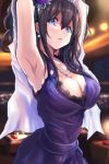  1girl armpits arms_behind_head arms_up bangs bare_shoulders black_hair blue_dress blue_eyes blurry blurry_background blush breasts collarbone diadem dress earrings flower hair_between_eyes hair_flower hair_ornament idolmaster idolmaster_cinderella_girls idolmaster_cinderella_girls_starlight_stage indoors jewelry large_breasts long_hair looking_at_viewer necklace open_mouth parted_lips sagisawa_fumika sash solo toho_(kihon_ha_yappa) 