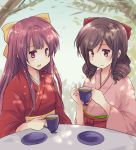  2girls bow brown_hair closed_mouth cup drill_hair eyebrows_visible_through_hair gradient_hair hair_bow hakama harukaze_(kantai_collection) hirune_(konekonelkk) holding holding_cup japanese_clothes kamikaze_(kantai_collection) kantai_collection kimono long_hair meiji_schoolgirl_uniform multicolored_hair multiple_girls open_mouth outdoors pink_hair pink_hakama pink_kimono purple_hair red_bow red_eyes red_hakama red_kimono ribbon saucer table tea teacup tree tree_shade twin_drills violet_eyes yellow_bow 
