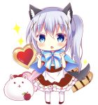 1girl angora_rabbit animal animal_ear_fluff animal_ears apple bangs bitter_crown black_skin blue_bow blue_capelet blue_eyes blue_hair blush bow capelet chestnut_mouth chibi claw_pose commentary_request cookie eyebrows_visible_through_hair food frilled_skirt frills fruit full_body gochuumon_wa_usagi_desu_ka? hair_between_eyes hair_ornament hands_up heart kafuu_chino kemonomimi_mode long_hair pantyhose parted_lips rabbit red_apple shirt side_ponytail skirt sparkle standing striped striped_bow tail tippy_(gochiusa) very_long_hair white_background white_legwear white_shirt wolf_ears wolf_girl wolf_tail x_hair_ornament 
