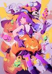  1girl bad_id bad_twitter_id candy closed_mouth eyebrows_visible_through_hair feet_out_of_frame food ghost gloves hand_up hat highres jack-o&#039;-lantern lee_hyeseung long_hair looking_at_viewer original pantyhose pink_legwear pumpkin purple_gloves purple_hair purple_hat red_eyes skull smile solo witch_hat 