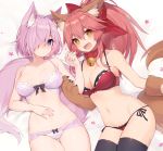  2girls :d animal_ear_fluff animal_ears bell bell_collar black_legwear blush bow bow_bra bow_panties bra breasts cleavage collar fang fox_ears fox_tail frilled_bra frills gloves hair_bow hair_over_one_eye kemonomimi_mode lavender_hair lingerie mash_kyrielight medium_breasts multiple_girls muryotaro open_mouth panties paw_gloves paws pink_hair ponytail red_bra short_hair side-tie_panties smile tail tamamo_(fate)_(all) tamamo_cat_(fate) thigh-highs underwear violet_eyes yellow_eyes 