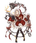  1girl :d belt blonde_hair bone book boots candle capelet chains christmas cross-laced_footwear eyebrows_visible_through_hair full_body fur_trim hair_ornament hairclip hood hood_up ji_no little_red_riding_hood_(sinoalice) long_hair looking_at_viewer official_art open_mouth orange_eyes ribbon sinoalice sleeves_past_wrists smile solo thigh-highs thigh_boots torture_instruments transparent_background upper_teeth very_long_hair 