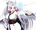  1girl :3 :d animal_ear_fluff animal_ears armpit_cutout armpits bangs big_hair blush breasts cat clenched_hands commentary_request eyebrows_visible_through_hair fang fighting_stance fox_ears grey_hair japanese_clothes kimono large_breasts long_hair long_sleeves null_(nyanpyoun) obi open_mouth parted_bangs pink_eyes ponytail sash smile solo speed_lines sumiyao_(amam) touhoku_itako very_long_hair voiceroid white_background white_kimono 