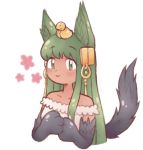  1girl animal_ears anubis_(monster_girl_encyclopedia) closed_mouth dress eyebrows_visible_through_hair green_eyes green_hair hair_ornament jackie-kawaii long_hair looking_at_viewer monster_girl monster_girl_encyclopedia paws smile snake_hair_ornament solo tail third-party_source upper_body white_dress wolf_ears wolf_tail 