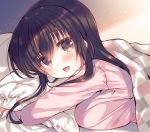  1girl :d bangs blush breasts brown_eyes brown_hair commentary_request eyebrows_visible_through_hair fingernails from_side highres large_breasts long_sleeves looking_at_viewer looking_to_the_side open_mouth original pillow pillow_hug pink_shirt shirt smile solo suzune_rena under_covers 