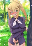  1girl black_panties black_shirt blonde_hair blurry blush breasts ca2la commentary_request cowboy_shot darkness_(konosuba) depth_of_field dress_shirt forest green_eyes hair_ornament highres kono_subarashii_sekai_ni_shukufuku_wo! large_breasts nature neckerchief nose_blush outdoors panties ponytail shirt solo standing tree underwear white_neckwear x_hair_ornament 