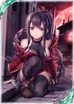  1girl akkijin bare_shoulders black_hair breasts card_(medium) cleavage fog full_moon hair_ornament house large_breasts looking_at_viewer moon ninja official_art outdoors ponytail red_eyes red_moon red_sky seiza serious shinkai_no_valkyrie sitting sky thigh-highs weapon 