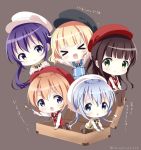  &gt;_&lt; 5girls :d alternate_costume arm_support bangs black_hat black_ribbon blonde_hair blue_eyes blue_hair brown_background brown_hair brown_legwear brown_skirt cabbie_hat chestnut_mouth chibi closed_mouth collared_shirt commentary_request eyebrows_visible_through_hair gochuumon_wa_usagi_desu_ka? green_eyes hair_between_eyes hat hoto_cocoa kafuu_chino kirima_sharo light_brown_hair long_hair low_ponytail matching_outfit minigirl multiple_girls neck_ribbon neki_(wakiko) no_shoes open_mouth outstretched_arms pantyhose pointing purple_hair red_hat ribbon shirt side_ponytail simple_background sitting skirt smile sparkle standing star suitcase sweater_vest tedeza_rize translation_request twitter_username ujimatsu_chiya very_long_hair violet_eyes white_hat white_shirt xd 