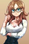  1girl alternate_hairstyle android_21 blue_eyes breasts brown_background brown_hair crossed_arms dragon_ball dragon_ball_super_broly earrings eyelashes glasses hand_in_hair happy jewelry long_hair long_sleeves looking_at_viewer overalls shirt simple_background smile solo st62svnexilf2p9 upper_body white_shirt 