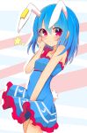  1girl animal_ears blue_dress blue_hair bunny_tail commentary_request dress dress_tug hand_on_own_face highres inon long_hair rabbit_ears red_eyes seiran_(touhou) short_dress solo tail touhou wind wind_lift 