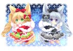  2girls :d :o animal_ear_fluff animal_ears bangs bell black_bow black_capelet black_footwear blonde_hair blush bow capelet chibi christmas commentary_request eyebrows_visible_through_hair fang fox_ears fox_girl fox_tail fur-trimmed_capelet fur-trimmed_sleeves fur_trim green_eyes green_hairband green_skirt grey_hairband grey_skirt hair_between_eyes hair_bow hairband holding holding_sack long_hair long_sleeves looking_at_viewer merry_christmas multiple_girls open_mouth original parted_lips red_bow red_capelet red_footwear sack shikito side_ponytail silver_hair skirt smile socks star tail very_long_hair violet_eyes white_legwear 