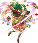  1girl bag bangs belt boots box breasts cape cecilia_(fire_emblem) christmas_ornaments cleavage closed_mouth collarbone dress elbow_gloves eyebrows_visible_through_hair fire_emblem fire_emblem:_fuuin_no_tsurugi fire_emblem_heroes full_body fur_trim gift gift_box gloves green_hair highres holding kita_senri knee_boots long_hair looking_at_viewer looking_away medium_breasts nintendo official_art open_mouth pom_pom_(clothes) red_dress red_footwear ribbon shiny shiny_hair smile solo sparkle strapless strapless_dress transparent_background 