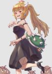  1girl 3others absurdres bangs bare_shoulders black_collar black_footwear blonde_hair bowser bowsette bracelet breasts collar collarbone commentary_request crown dress earrings eyebrows_visible_through_hair fingernails genderswap goomba highres horns jewelry long_eyebrows long_hair long_ponytail looking_at_viewer luigi mario super_mario_bros. medium_breasts multiple_others new_super_mario_bros._u_deluxe nintendo plumber pointy_ears ponytail red_eyes sharp_fingernails sharp_teeth shell solo spiked_armlet spiked_bracelet spiked_collar spiked_shell spikes strapless strapless_dress super_crown super_mario_bros. teeth turtle_shell white_horns yorishiem 