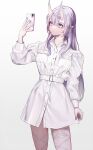  1girl bangs belt blue_eyes blue_nails blush breast_pocket capitan_wei choker closed_mouth cowboy_shot highres horns jacket long_sleeves nail_polish oni_horns original pocket pointy_ears purple_hair selfie simple_background skin-covered_horns smile solo thigh_strap white_background white_choker white_jacket 