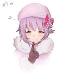  1girl bangs black_gloves blush bow closed_mouth finger_to_mouth fur-trimmed_sleeves fur_collar fur_trim gloves hat hat_bow idolmaster idolmaster_cinderella_girls index_finger_raised koshimizu_sachiko light_brown_eyes looking_at_viewer mizu_ramen musical_note pink_bow pink_hat purple_hair short_hair simple_background smile solo upper_body white_background 