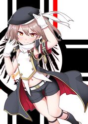  1girl arm_up armband arms_behind_head azur_lane bangs belt belt_buckle black_legwear black_shorts brown_eyes brown_hair buckle closed_mouth commentary_request cosplay emblem eyebrows_visible_through_hair feet_out_of_frame flat_chest gloves groin hair_between_eyes hand_up head_tilt highres iron_cross kantai_collection kirigakure_(kirigakure_tantei_jimusho) long_hair looking_at_viewer midriff navel ryuujou_(kantai_collection) shirt short_shorts shorts sleeveless sleeveless_shirt solo twintails v-shaped_eyebrows white_belt white_gloves z1_leberecht_maass_(azur_lane) z1_leberecht_maass_(azur_lane)_(cosplay) 