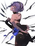  1girl bare_shoulders bodysuit breasts choker elbow_gloves fate/grand_order fate_(series) flower flower_request from_side gloves hassan_of_serenity_(fate) head_tilt knife medium_breasts purple_hair shoulder_blades sideboob solo tan violet_eyes weapon_request white_background 