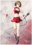  1girl absurdres boots breasts brown_eyes brown_hair choker cleavage collarbone full_body hair_between_eyes head_tilt highres holding holding_microphone looking_at_viewer medium_breasts meiko meiko_(vocaloid3) microphone microphone_stand midriff navel parted_lips red_skirt short_hair skirt sleeveless smile solo standing stomach vocaloid wrist_cuffs yen-mi 
