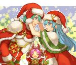  1boy 2900cm 2girls :o ^_^ adjusting_clothes adjusting_hat alternate_costume antlers aqua_eyes aqua_hair armor artist_name bell blush bow brother_and_sister brown_gloves cape capelet christmas closed_eyes crossover eirika ephraim eye_contact fa facial_mark fire_emblem fire_emblem:_fuuin_no_tsurugi fire_emblem:_seima_no_kouseki fire_emblem_heroes forehead_mark from_side fur_trim gloves green_capelet happy hat highres intelligent_systems leaning leaning_forward long_hair long_sleeves looking_at_another mamkute multiple_girls nintendo open_mouth pom_pom_(clothes) purple_hair red_cape red_clothes red_gloves red_hat reindeer_antlers santa_costume santa_hat short_hair siblings smile sweatdrop white_armor 