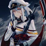  1girl absurdres azur_lane bangs blue_eyes breasts capelet choker closed_mouth clouds cloudy_sky commentary_request cross cross_earrings earrings eyebrows_visible_through_hair flag gloves hair_between_eyes hand_up hat highres holding_pole jacket jewelry long_hair military military_hat military_uniform official_art outdoors peaked_cap rain septoleaf sidelocks silver_hair sky solo tirpitz_(azur_lane) tsurime uniform white_gloves 