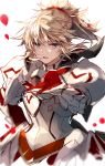  1girl armor blonde_hair braid cropped_torso fate_(series) french_braid fukuda935 green_eyes hand_on_hip mordred_(fate)_(all) outstretched_hand parted_lips petals rose_petals solo white_background 