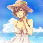  1girl :d arm_behind_back blue_sky breasts brown_eyes brown_flower brown_hat cleavage clouds collarbone dress eyebrows_visible_through_hair flower hair_between_eyes hat hat_flower hat_ribbon lens_flare medium_breasts meiko ocean open_mouth outdoors ribbon short_hair sky sleeveless sleeveless_dress smile solo sun_hat sundress upper_body vocaloid white_dress white_ribbon yen-mi 