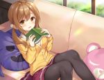  1girl alternate_hairstyle bangs black_legwear blush book brown_eyes brown_hair cardigan commentary_request couch cushion hair_bobbles hair_ornament holding holding_book kunikida_hanamaru long_sleeves looking_at_viewer love_live! love_live!_sunshine!! maroon_skirt nagisa3710 open_book open_mouth pantyhose reclining school_uniform smile solo twintails yellow_cardigan yellow_eyes 