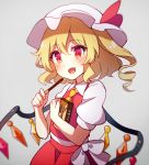  1girl 60mai :d ascot bangs blonde_hair blush box commentary_request cowboy_shot crystal eyebrows_visible_through_hair fang flandre_scarlet food grey_background hair_between_eyes hat hat_ribbon holding holding_box holding_food mob_cap one_side_up open_mouth pocky puffy_short_sleeves puffy_sleeves red_eyes red_ribbon red_skirt red_vest ribbon shirt short_hair short_sleeves simple_background skirt skirt_set smile solo touhou vest white_hat white_shirt wings yellow_neckwear 