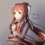  1girl artist_name blurry blurry_foreground brown_hair commentary depth_of_field doki_doki_literature_club eyebrows_visible_through_hair green_eyes grey_background grey_jacket hair_ribbon heart heart_in_eye jacket long_hair long_sleeves monika_(doki_doki_literature_club) ponytail ribbon sasoura school_uniform sidelocks simple_background smile solo symbol_commentary symbol_in_eye upper_body very_long_hair white_ribbon 