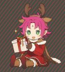  +_+ 1girl antlers boots box brown_gloves cape dress fa facial_mark fire_emblem fire_emblem:_fuuin_no_tsurugi fire_emblem_heroes forehead_mark full_body fur_trim gift gift_box gloves green_eyes kyufe long_sleeves mamkute nintendo open_mouth pointy_ears purple_hair reindeer_antlers short_hair simple_background sitting solo 