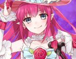 1girl bangs blue_eyes chisumi closed_mouth commentary_request detached_collar detached_sleeves dress earrings elizabeth_bathory_(fate) elizabeth_bathory_(fate)_(all) eyebrows_visible_through_hair fate/extra fate/extra_ccc fate_(series) flower frilled_dress frills hand_on_headwear hand_up hat holding jewelry long_hair looking_at_viewer microphone pink_hair pink_hat pointy_ears purple_background red_flower red_rose rose smile solo upper_body 