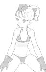  1girl bikini breasts closed_mouth fate/grand_order fate_(series) gloves greyscale hair_ribbon hat helena_blavatsky_(swimsuit_archer)_(fate) looking_to_the_side monochrome ponytail ribbon short_hair simple_background sitting small_breasts solo swimsuit tim_loechner white_background 