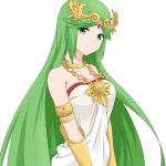  1girl armlet bare_shoulders bracer breasts circlet cleavage closed_mouth collarbone cute dress eyebrows_visible_through_hair gem goddess gold green_eyes green_hair jewelry kid_icarus large_breasts long_hair looking_at_viewer mito_engine moe neck_ring necklace nintendo palutena simple_background smile solo straight_hair strapless strapless_dress very_long_hair white_background white_dress 