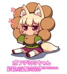 1girl animal_ear_fluff animal_ears blonde_hair blush_stickers borrowed_character brown_footwear chibi commentary_request eating food fox_ears fox_tail fukurou_(owl222) green_shirt highres holding holding_food kemomimi-chan_(naga_u) long_sleeves original pleated_skirt red_skirt shirt shoes short_hair simple_background sitting skirt sleeves_past_wrists solo tail thigh-highs translation_request white_background white_legwear 