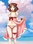  1girl alternate_costume anchor bikini blue_sky bow breasts brown_hair clouds cloudy_sky destroyer drill_hair eyebrows_visible_through_hair hair_between_eyes hair_bow harukaze_(kantai_collection) kantai_collection looking_at_viewer military military_vehicle navel ocean red_bow red_eyes sameha_ikuya ship sky small_breasts solo swimsuit twin_drills warship watercraft 