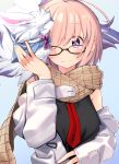  1girl ahoge bangs bare_shoulders black-framed_eyewear black_shirt blue_background bow brown_scarf closed_mouth creature eyebrows_visible_through_hair fate/grand_order fate_(series) fou_(fate/grand_order) glasses hair_over_one_eye hand_up highres jacket kei_(soundcross) long_sleeves looking_at_viewer looking_over_eyewear mash_kyrielight necktie off_shoulder open_clothes open_jacket pink_hair plaid plaid_scarf purple_bow red_neckwear scarf shirt short_hair sidelocks simple_background sleeveless sleeveless_shirt sleeves_past_wrists smile solo tareme upper_body violet_eyes white_jacket 