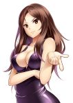  1girl bangs breasts brown_eyes brown_hair cleavage collarbone gradient_hair huyumitsu index_finger_raised large_breasts long_hair multicolored_hair original parted_bangs purple_hair shiny shiny_clothes shiny_hair simple_background sleeveless smile solo two-tone_hair upper_body very_long_hair white_background 
