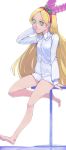  1girl akinbo_(hyouka_fuyou) arm_support bangs barefoot blonde_hair dress_shirt green_eyes hair_ornament hairband hand_in_hair highres kirahoshi_ciel kirakira_precure_a_la_mode long_hair long_sleeves looking_at_viewer naked_shirt parted_bangs precure red_hairband shirt simple_background sitting sketch smile solo symbol-shaped_pupils very_long_hair white_background white_shirt 