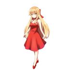  1girl bangs bare_arms bare_shoulders blonde_hair blush bow breasts choker cleavage closed_mouth dress eyebrows_visible_through_hair full_body green_eyes hair_between_eyes hair_bow head_tilt high_heels highres long_hair medium_breasts original red_bow red_choker red_dress red_footwear shibakame shoes simple_background sleeveless sleeveless_dress smile solo standing very_long_hair white_background 