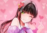  1girl black_hair blush collared_dress detached_sleeves dress fingernails flower green_eyes hair_flower hair_ornament hairclip hand_up head_tilt heart heart-shaped_pupils kawaoka_(tsuchinokome) kurosawa_dia long_hair love_live! love_live!_sunshine!! mole mole_under_eye necktie one_eye_closed parted_lips pink_background pink_neckwear puffy_short_sleeves puffy_sleeves purple_dress purple_sleeves red_flower short_sleeves sleeveless sleeveless_dress solo symbol-shaped_pupils 