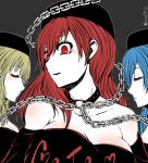  3girls artist_name bare_shoulders blonde_hair blue_hair breasts chains choker cleavage closed_eyes collarbone commentary eyebrows_visible_through_hair grey_background hanemikakko hecatia_lapislazuli long_hair looking_at_viewer multiple_girls multiple_persona o-ring o-ring_choker off-shoulder_shirt open_mouth pale_skin polos_crown red_eyes redhead shirt simple_background touhou upper_body 