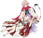  1boy 1girl black_gloves bow_(weapon) breasts camilla_(fire_emblem_if) cleavage closed_mouth commission fire_emblem fire_emblem_heroes fire_emblem_if flower gloves hair_flower hair_ornament hair_over_one_eye holding holding_bow_(weapon) holding_weapon japanese_clothes lap_pillow lilith_(fire_emblem_if) long_hair male_my_unit_(fire_emblem_if) my_unit_(fire_emblem_if) nintendo parted_lips plushcharm pointy_ears purple_hair red_eyes sandals short_hair side_slit simple_background sitting tabi tiara twitter_username violet_eyes weapon white_background white_hair 